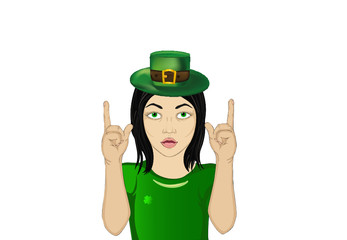 Enthusiastic girl in hat for St. Patrick's Day holiday. Hands show thumbs up. 