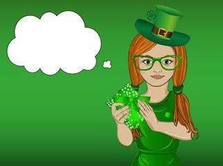 Little girl in national costume for St. Patrick's Day. In her hands holds a green box with a bow. A gift for a holiday. 