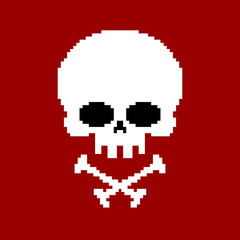 Skull pixel art. Head of skeleton pixelated isolated on white background
