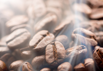 Coffee beans roasting with smoke,Selective focus