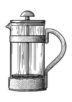 recommend clip art: French press pot coffee maker illustration, drawing, engraving, ink, line art, vector