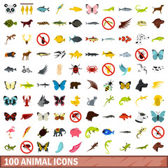 100 animal icons set, flat style