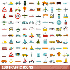 100 traffic icons set, flat style © ylivdesign