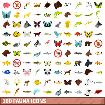 100 fauna icons set, flat style