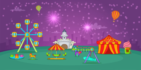 Fototapeta na wymiar Circus horizontal banner starry sky, cartoon style