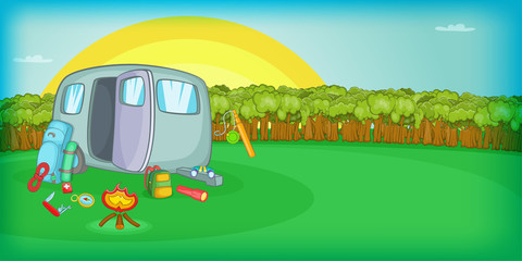 Camping horizontal banner sunset, cartoon style