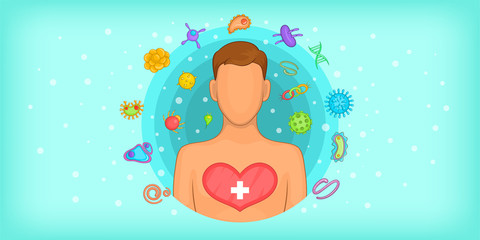 Virus horizontal banner man, cartoon style
