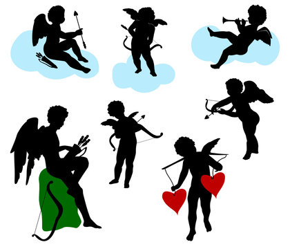 Silhouettes of angels, cherubs and cupids