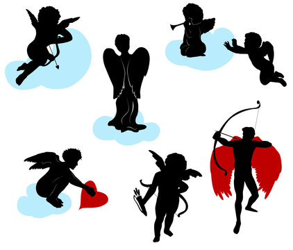 Silhouettes of angels, cherubs and cupids