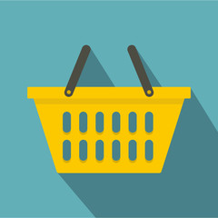 Yellow plastic shopping basket icon, flat style