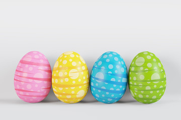 Four easter eggs near the wall. 3D rendering illustration.