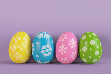 Four colorful Easter eggs near the wall. 3D rendering illustration.