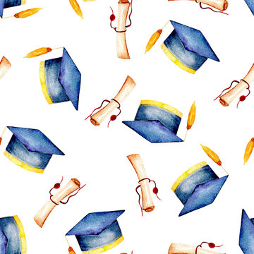 Seamless pattern with watercolor graduate hat and scroll of parchment, hand painted isolated on a white background