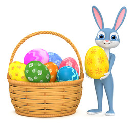 Happy Easter bunny isolated on white background basket with eggs. 3d render illustration.
