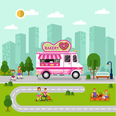 Flat design vector illustration of City landscape with bakery car. Mobile retro vintage shop truck icon with signboard with big donut in heart shape. Men and woman have a picnic in park