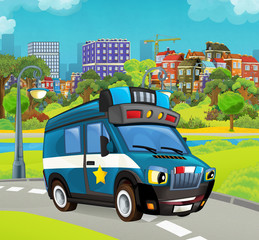 Cartoon stage with police vehicle smiling truck colorful and cheerful scene