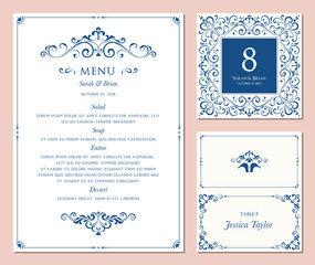 Ornate classic templates set in vintage style. Wedding menu, table number and name place card design. Vector illustration.