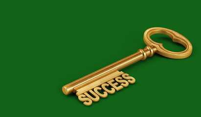 Golden Key Success on a green background. 3d render illustration.