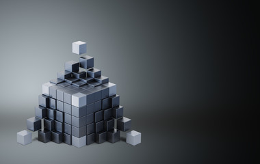 Flying metal cubes on a dark background. 3D rendered Illustration. Illustration for advertising.