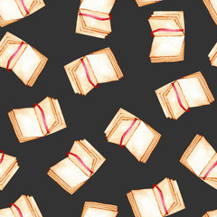 Seamless pattern with watercolor open notebook, hand painted isolated on a dark background