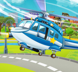 cartoon scene with police helicopter landing on the road near the city park