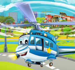 cartoon scene with police helicopter landing on the road near the city park