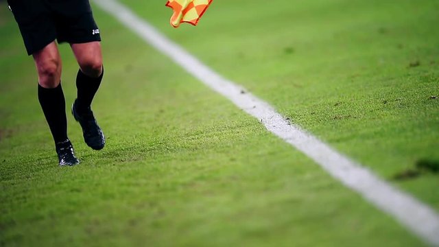 Assistant referee moving along the sideline during a soccer match