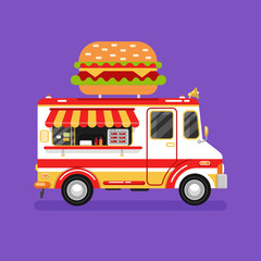 Flat design vector illustration of fast food van. Mobile retro vintage shop truck icon with signboard with big tasty hamburger. Car side view, isolated.