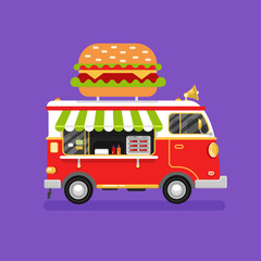 Flat design vector illustration of cartoon fast food car. Mobile retro vintage shop truck icon with signboard with big tasty hamburger. Van side view, isolated