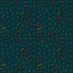 Geometric seamless pattern in Memphis style. Abstract hipster pattern with lines, squares, triangles and circles. Vector background Illustration