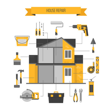 House repair infographics. Hand tools for home renovation and improvement. Flat style, vector illustration.