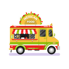 Flat design vector illustration of traditional Mexican food car. Mobile retro vintage shop truck icon with signboard with big tasty tacos. Van side view, isolated on white background.