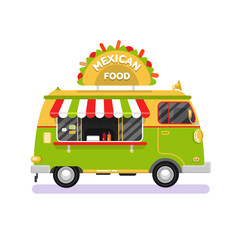 Flat design vector illustration of cartoon traditional Mexican food van. Mobile retro vintage shop truck icon with signboard with big tasty tacos. Car side view, isolated on white background.
