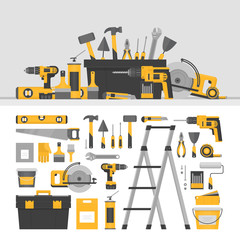 Home repair objects and banner. Сonstruction tools. Hand tools for home renovation and construction. Flat style, vector illustration.