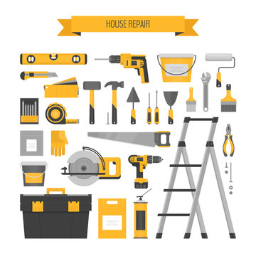 Home repair objects set. Сonstruction tools. Hand tools for home renovation and construction. Flat style, vector illustration.