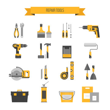 Home repair icon set. Сonstruction tools. Hand tools for home renovation and construction. Flat style, vector illustration.
