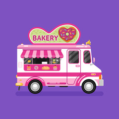 Flat design vector illustration of bakery van. Mobile retro vintage shop truck icon with signboard with donut in heart shape with glaze. Car side view, isolated
