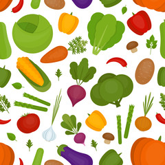 Vegetables background. Fresh vegetables pattern. Organic and healthy food. Flat style, vector illustration.