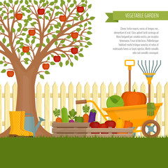 Vegetable garden. Concept of gardening. Banner with vegetable garden. Organic and healthy food. Flat style, vector illustration.