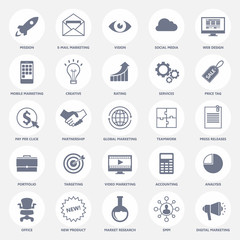 Set of modern flat design icons for internet marketing, media and business