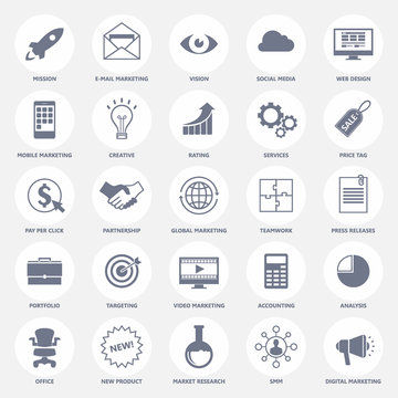Set of modern flat design icons for internet marketing, media and business