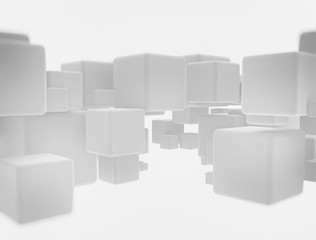 Abstract geometry white flying cubes