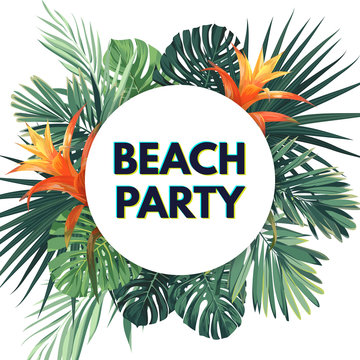 Summer tropical flyer with exotic palm leaves and flowers. Jungle vector floral template.