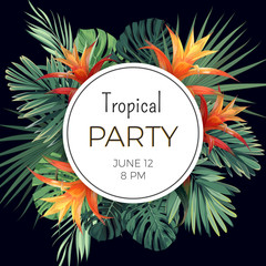 Fototapeta premium Customizable vector floral design template for summer party. Tropical flyer with green exotic plants and flowers.
