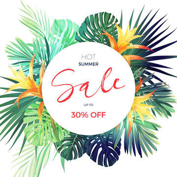Bright tropical sale flyer template with palm leaves and flowers.