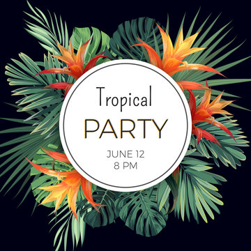 Customizable vector floral design template for summer party. Tropical flyer with green exotic plants and flowers.