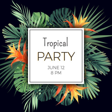 Customizable vector floral design template for summer party. Tropical flyer with green exotic palm leaves and orange flowers.
