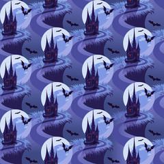 Seamless Halloween Pattern with Moon and Castle