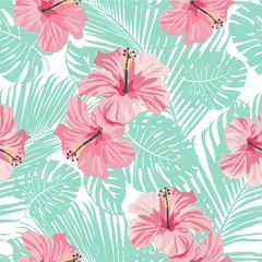 Keuken spatwand met foto Tropical coral flowers and leaves background. Seamless. Vector.  © Angelina Bambina