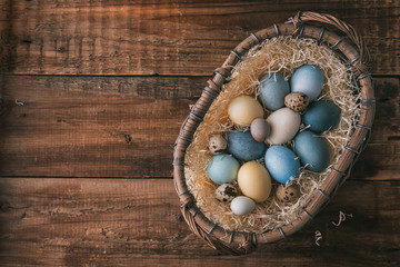 Easter eggs colored with natural dyes. Easter background with copyspace